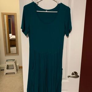 Chic Teal Midi Short Sleeve Dress with Pockets